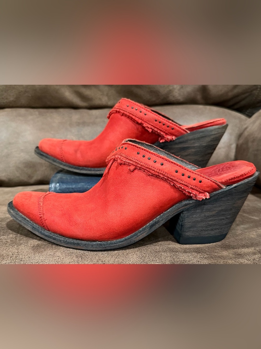 Old Gringo Flame Red Suede Fringe Mule Clogs with Stud Accents